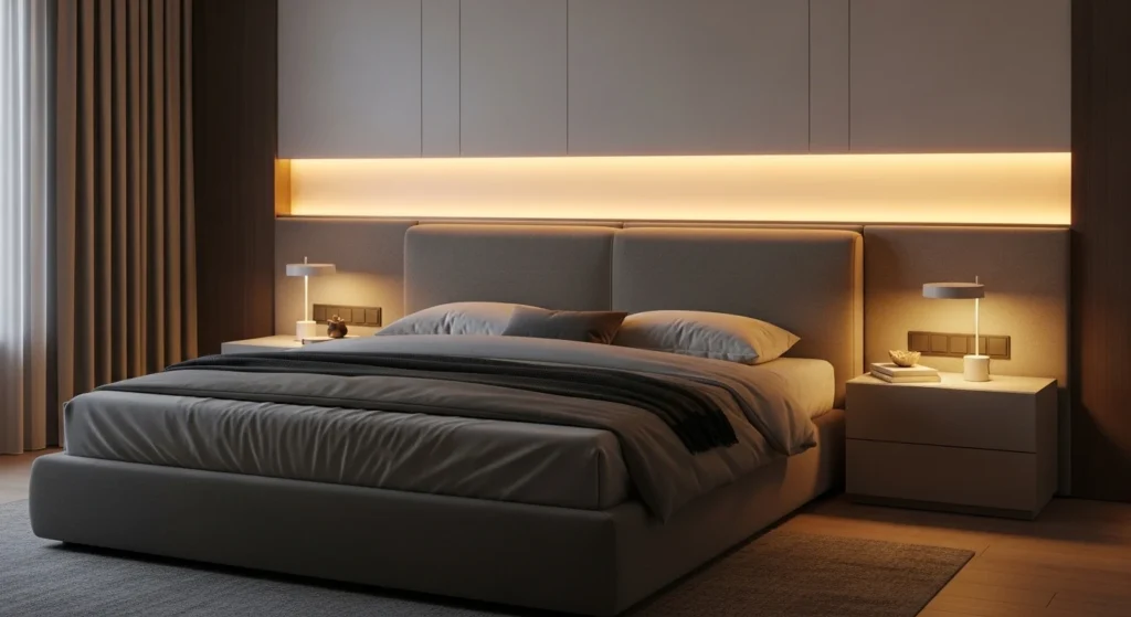 Bedroom featuring LED backlit headboard with soft ambient lighting