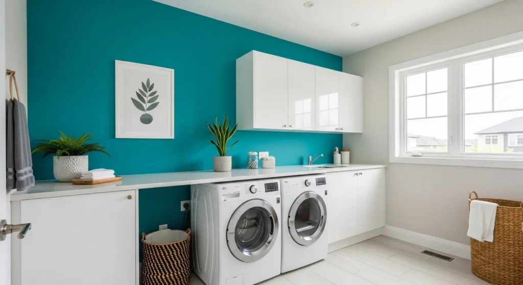 Stylish laundry room with teal accent wall and white cabinetry