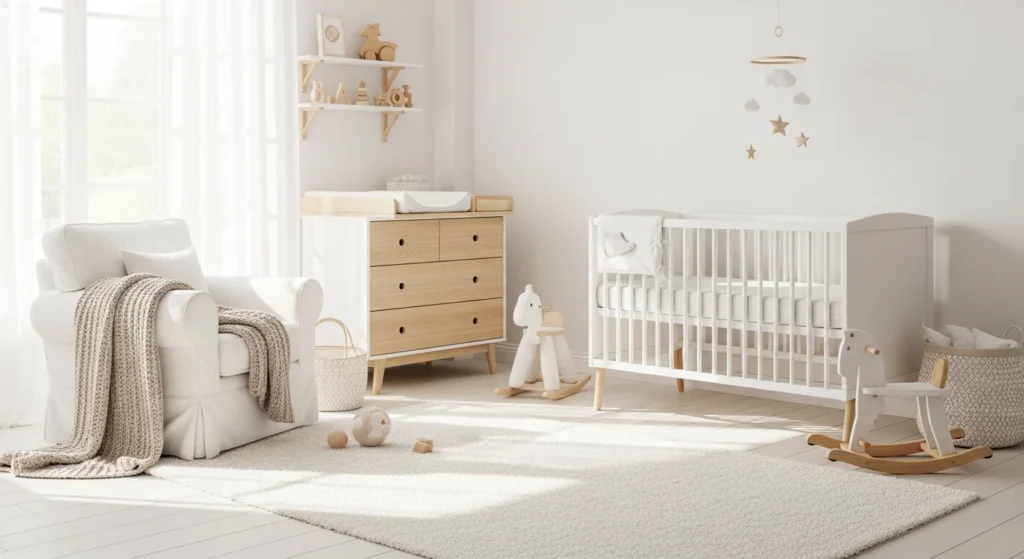 Bright all-white nursery with soft textures and wooden accents