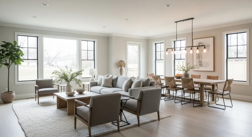 Modern open-concept parlor connected to dining area, neutral furniture, and spacious design