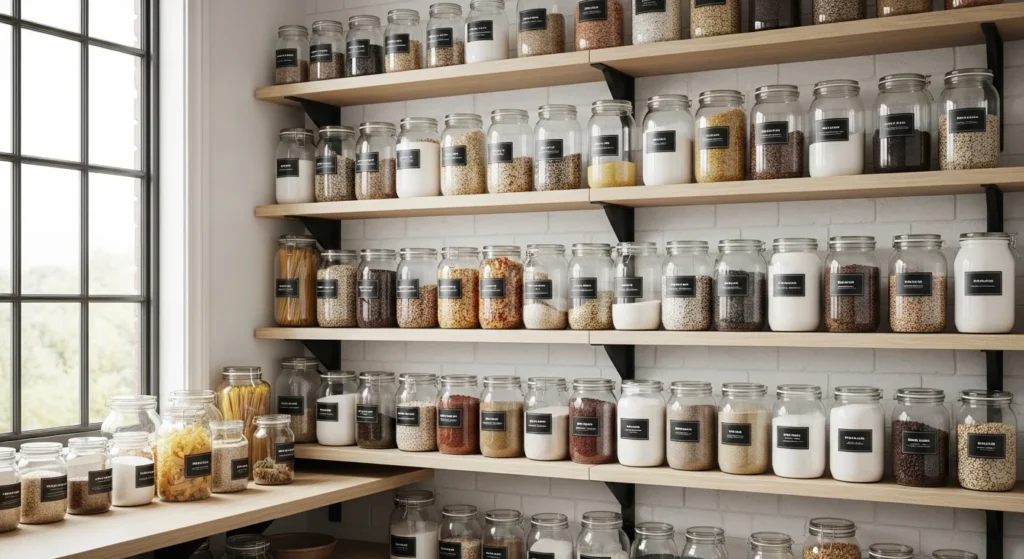 Pantry with neatly arranged glass jars, labeled and organized for easy access