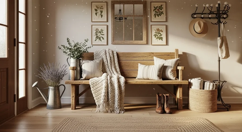 Rustic entryway with wooden bench and natural farmhouse textures