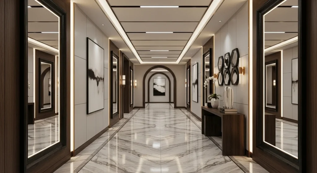 Elegant hallway featuring marble flooring and modern lighting design