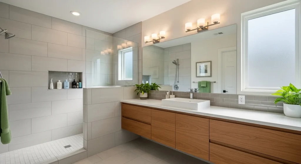 Contemporary shower with half-height glass partition for privacy and openness