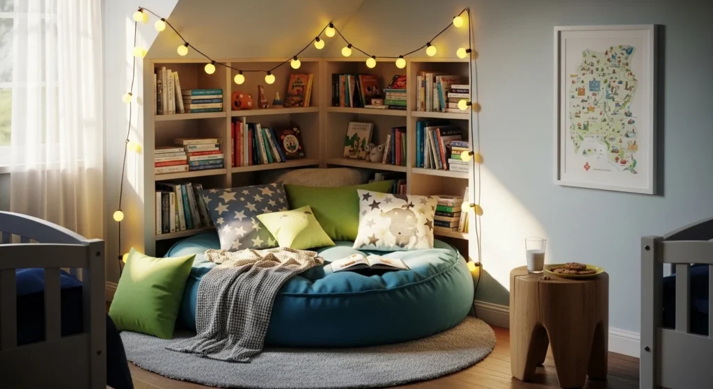 kids bedroom with comfortable reading corner and bookshelf setup