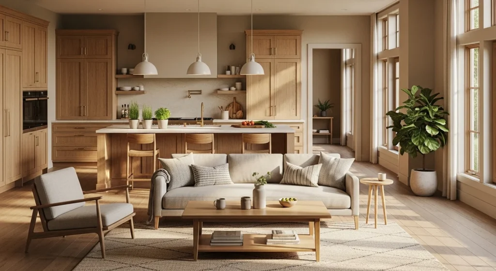 Open kitchen living room featuring natural wood cabinetry and furniture with warm daylight