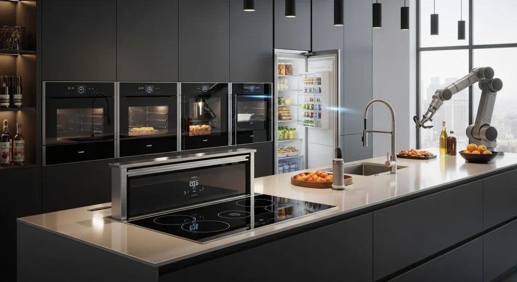 Futuristic open kitchen with smart appliances and modern technology integration