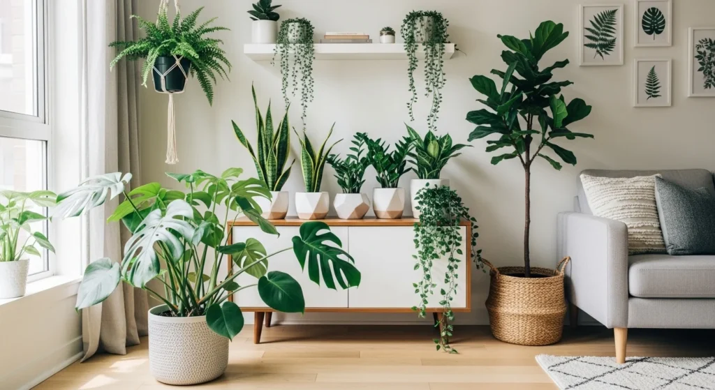 Apartment decorated with indoor plants adding natural freshness and greenery