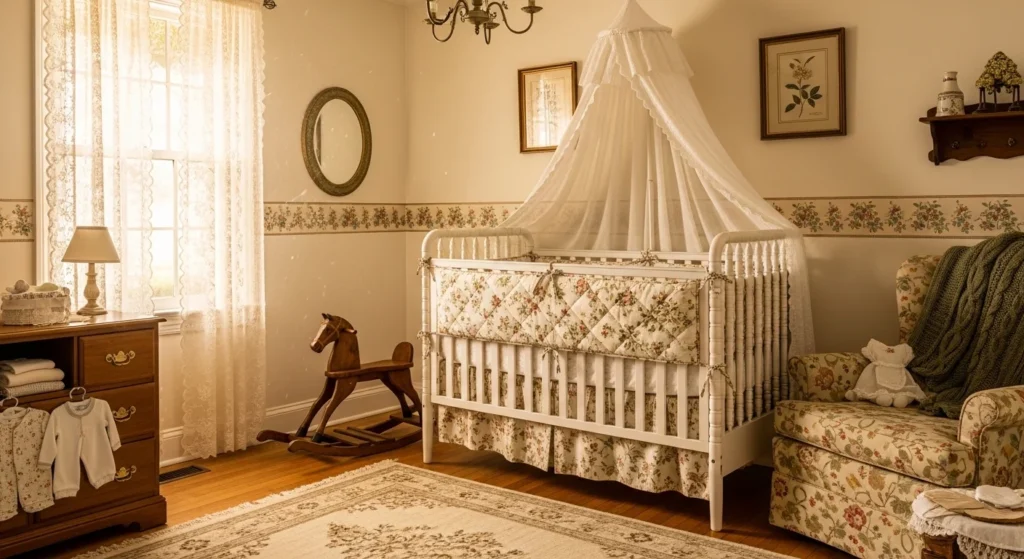 Vintage-inspired nursery with classic crib, floral decor, antique accents, cozy 2026 interior