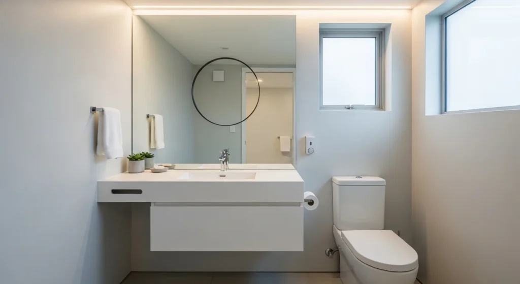 Small bathroom with compact vanity and integrated sink, minimalist modern 2026 interior