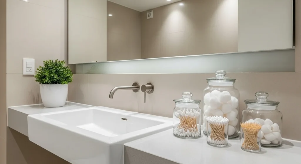 Bathroom sink styled with glass jars holding essentials in clean modern layout
