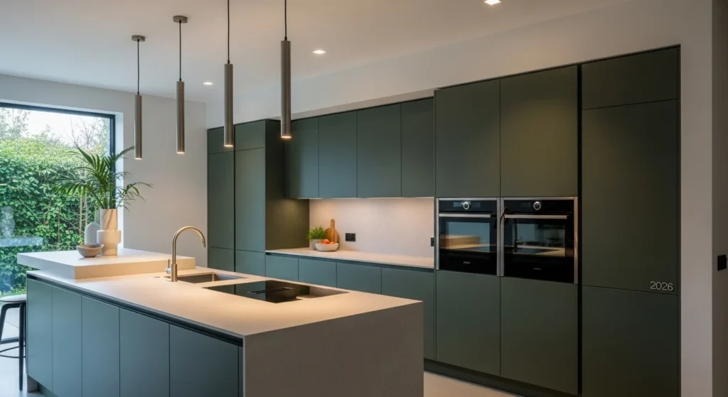 Deep forest green modern kitchen with sleek cabinets and ambient lighting