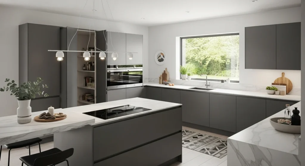 Modern kitchen with concealed pantry door and seamless cabinetry layout