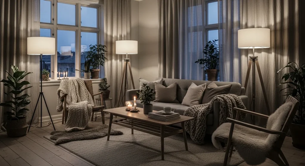 Cozy Scandinavian living room with warm ambient lamps and evening atmosphere