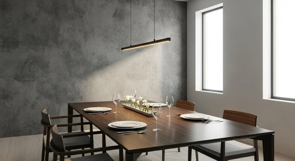 Dining room featuring textured wall finish, minimalist furniture, and soft lighting