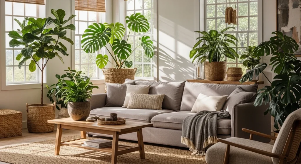 Living room featuring large indoor plants and natural light, creating a fresh and inviting 2026 interior