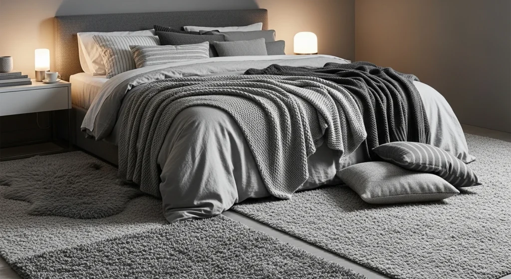 Grey bedroom featuring layered textiles, rugs, and cushions for a cozy 2026 interior