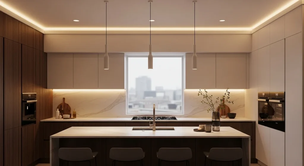 Kitchen interior with pendant lights, under-cabinet LEDs, and ambient lighting