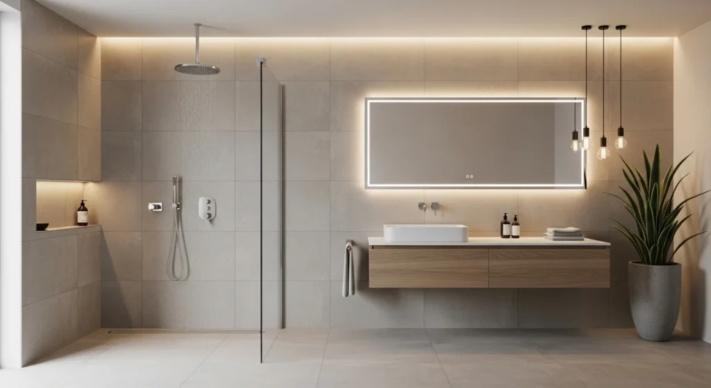 modern bathroom with textured wall tiles adding depth and visual interest