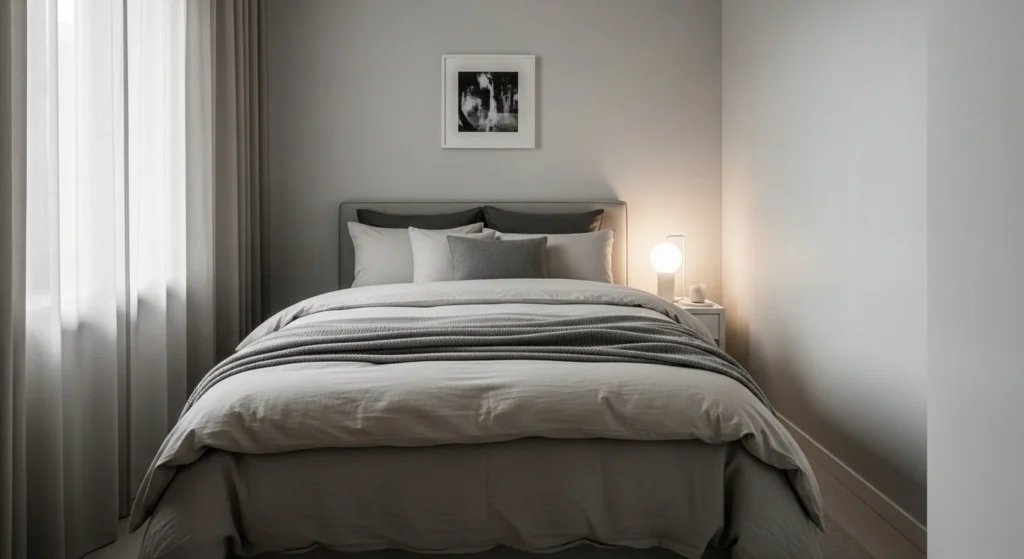 small bedroom decorated using monochrome neutral shades for calm cohesive look