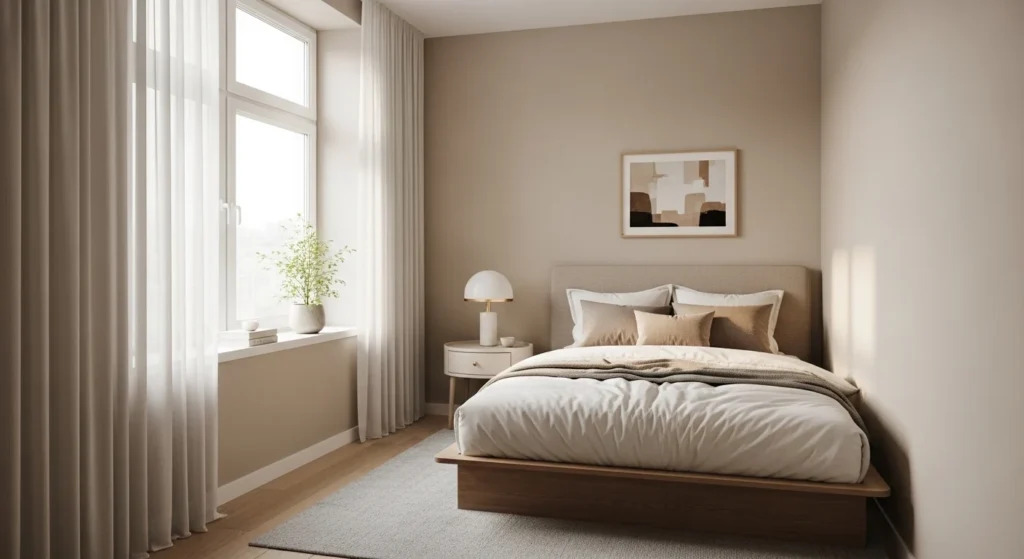 Small bedroom styled in light neutral colors to create an open and airy feel.
