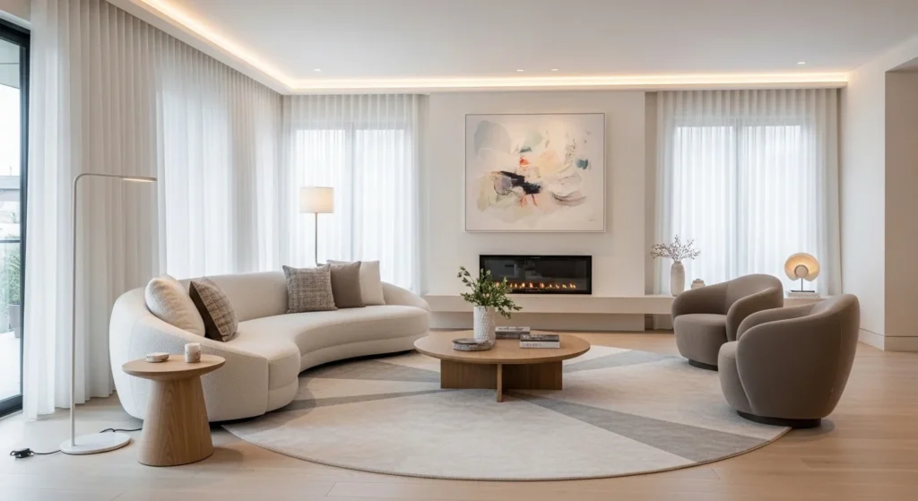 Trendy white living room featuring curved sofa and rounded modern furniture