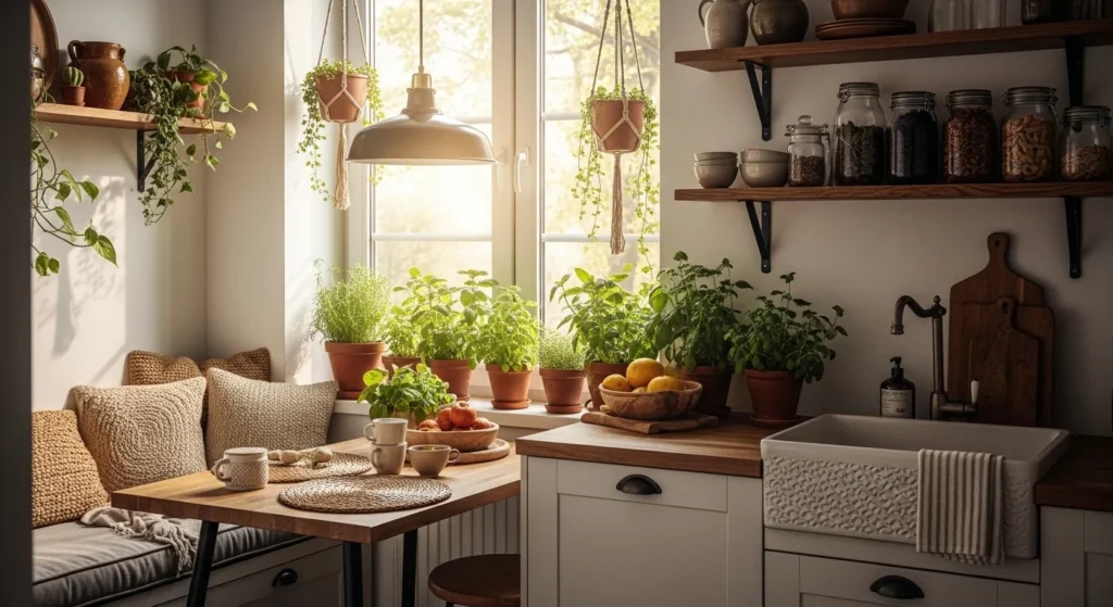 Cozy kitchen decorated with indoor plants and natural sunlight for a fresh look