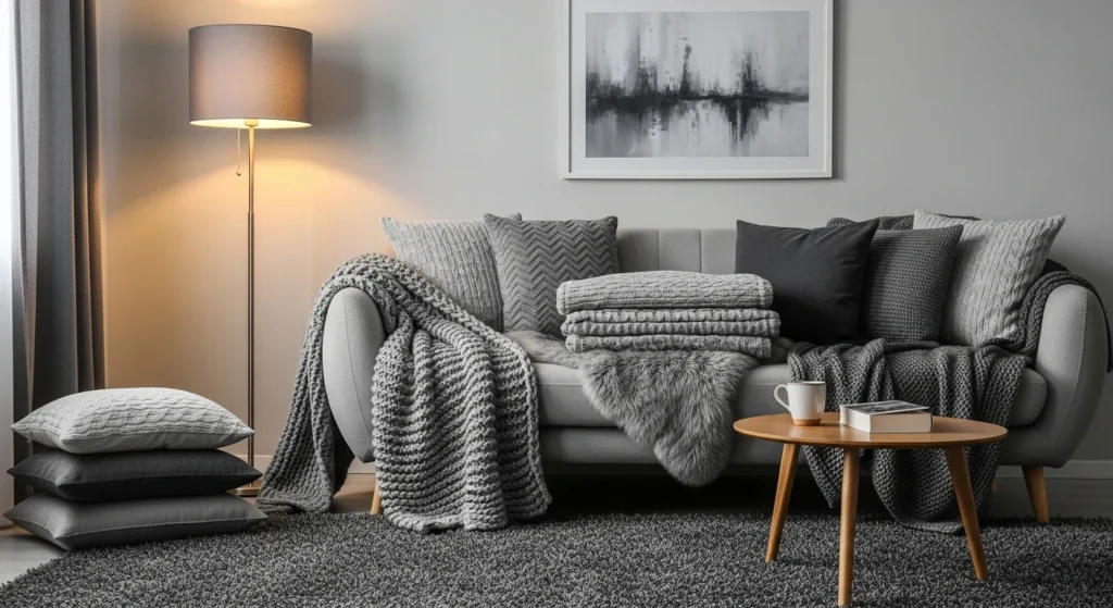 Gray living room styled with throws, cushions, and textured rugs.