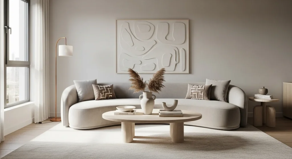Apartment living room featuring curved sofa and rounded furniture for soft modern styling