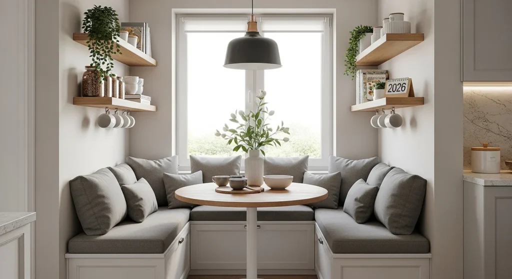 Small kitchen breakfast nook with hidden storage bench for smart organization