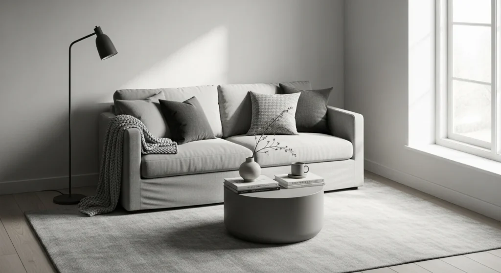 Compact living room designed in a monochrome color palette for a cohesive modern look