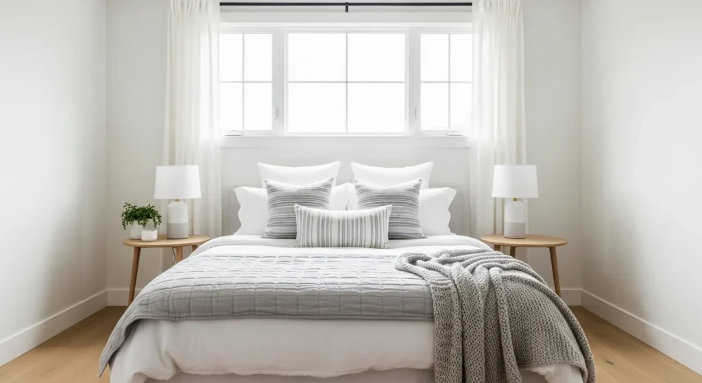 Light and airy white guest bedroom with soft textures and natural lighting
