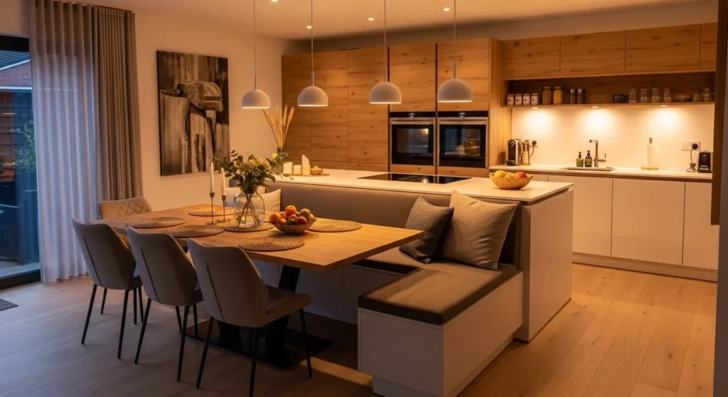 Open kitchen layout with built-in dining area and modern family-friendly design.