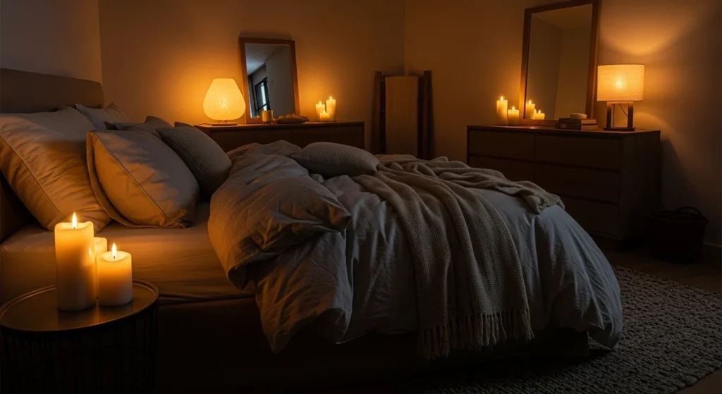 Bedroom illuminated with warm candle inspired lighting creating peaceful nighttime ambiance