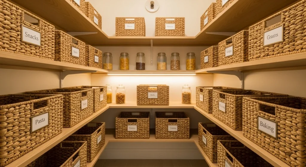 Small pantry using woven baskets for organized and cozy storage