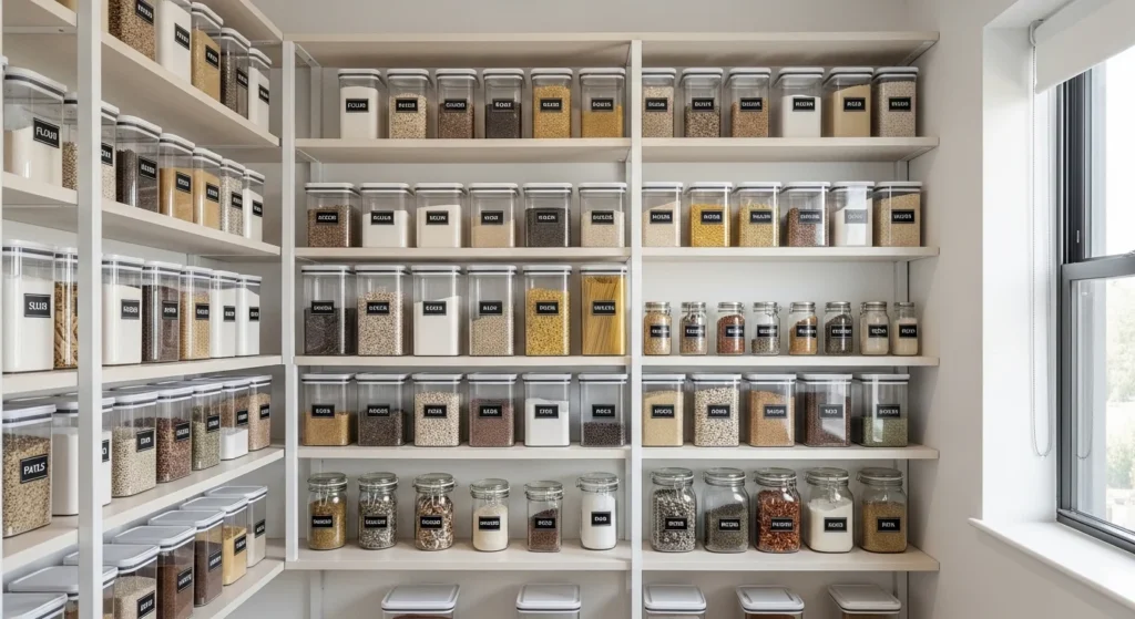 Organized pantry featuring labeled jars and containers for easy access