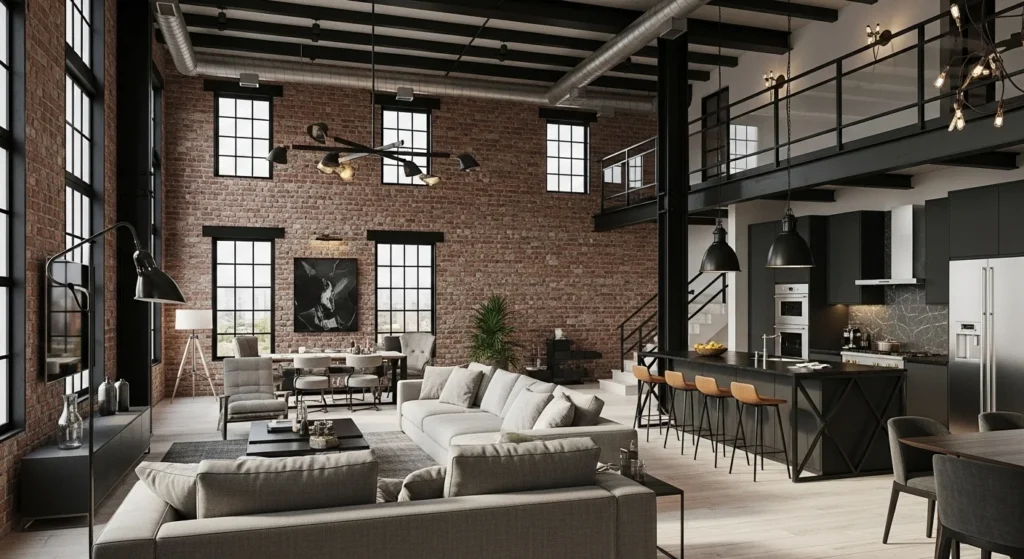 Urban industrial open kitchen living room with exposed brick and metal accents