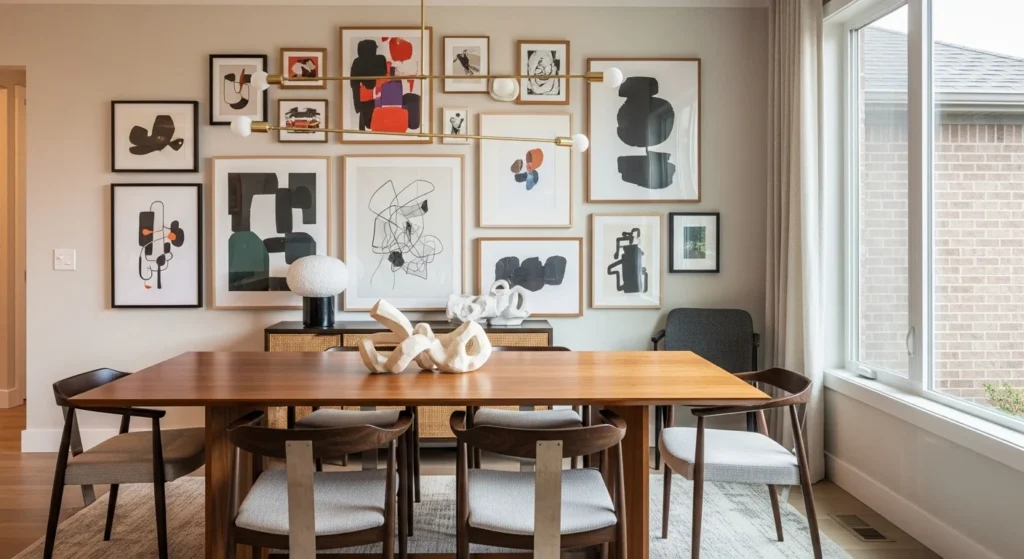 odern dining room decorated with stylish gallery wall artwork
