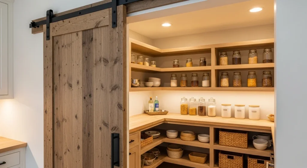 modern farmhouse pantry featuring a sliding barn door entrance