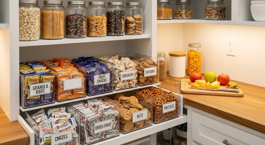 Dedicated snack section inside pantry with labeled bins for easy access.