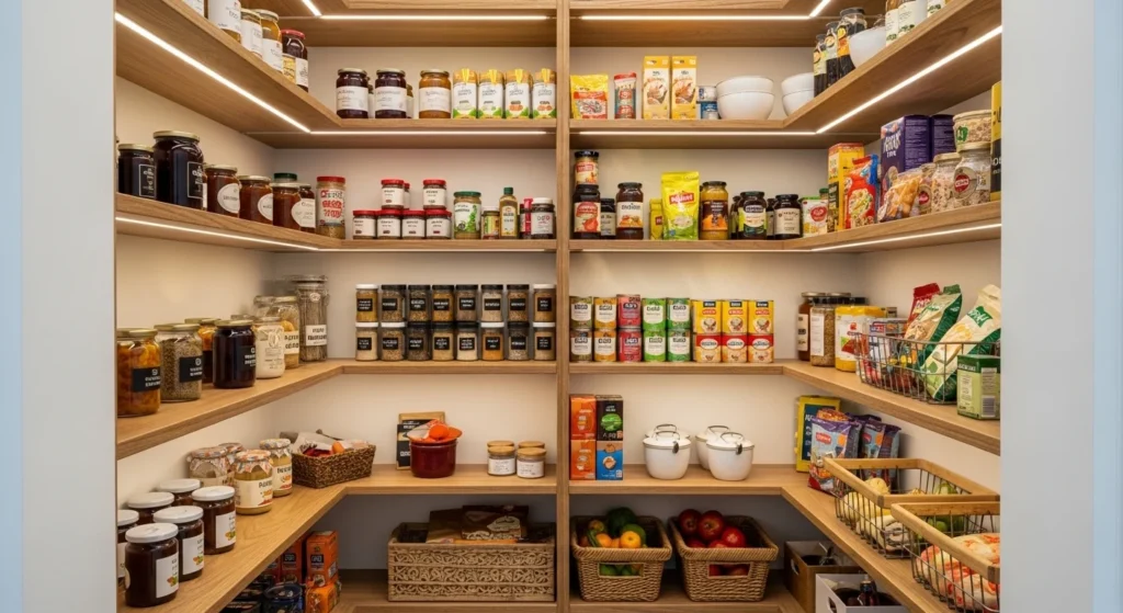 Small closet transformed into a functional kitchen food pantry with shelving