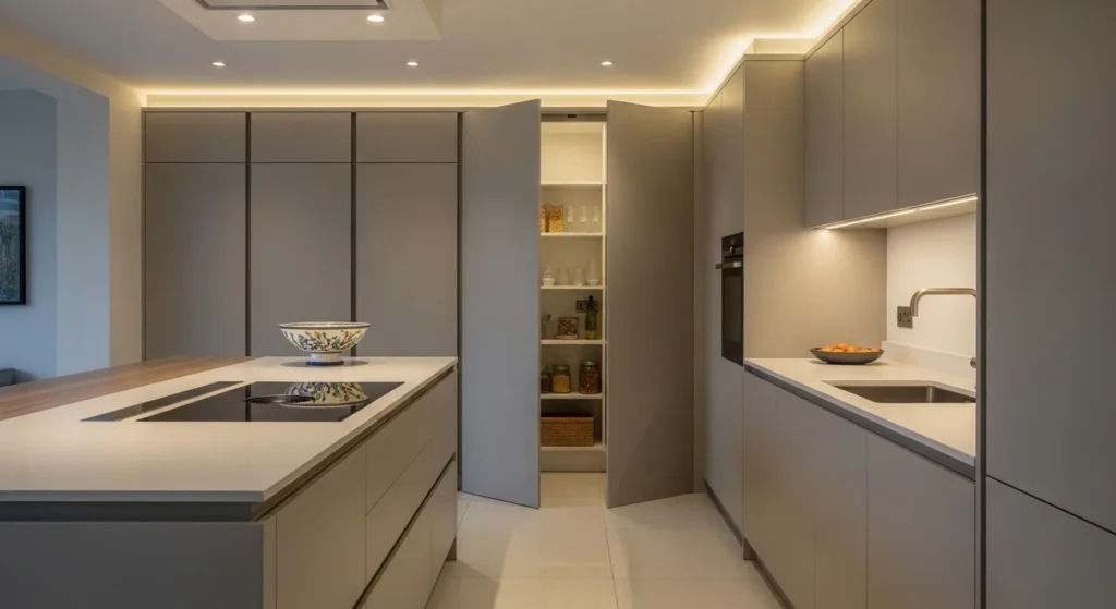 Sleek handleless kitchen cabinets concealing a hidden pantry for a modern minimalist look.