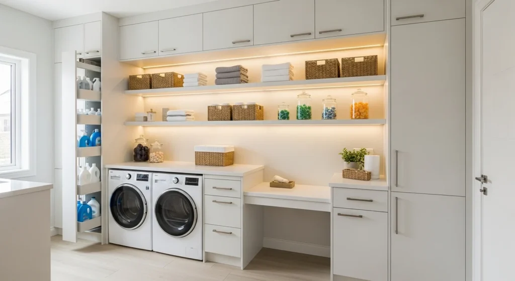 Modern laundry pantry featuring integrated LED lighting inside shelves