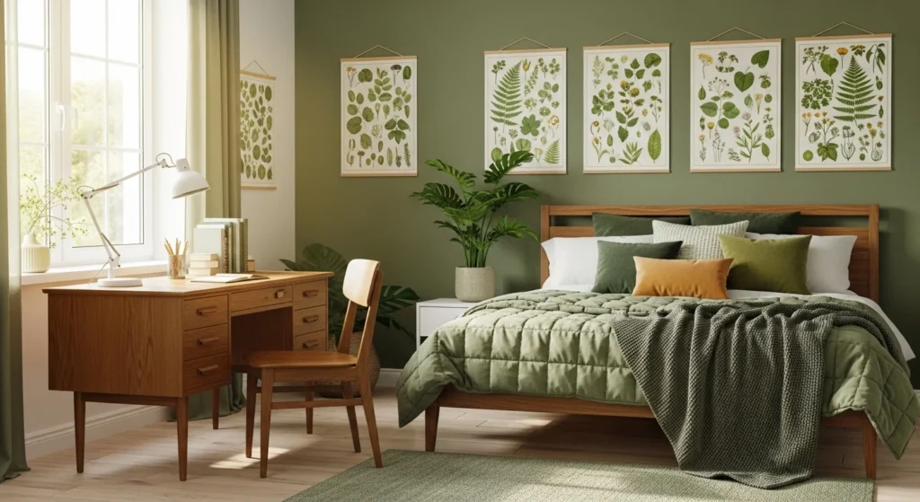 Teen bedroom with green tones, botanical prints, and wooden furniture