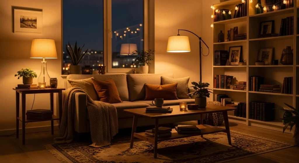 Apartment living room with layered warm lighting creating a cozy evening atmosphere