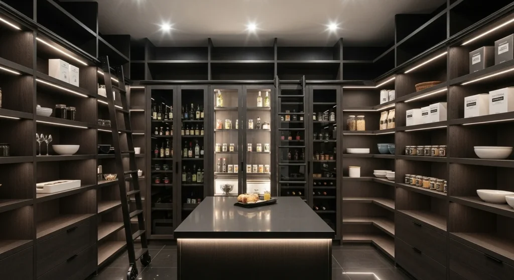 Walk-in pantry featuring dark shelving with contrast lighting for a modern luxury look