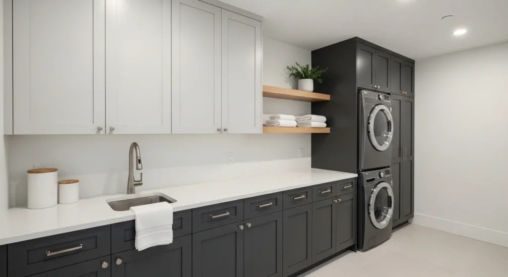 Stylish laundry room pantry with two tone cabinet colors for modern contrast