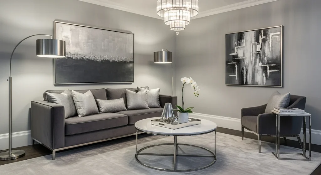 Gray living room featuring subtle metallic accents, elegant lighting, and modern decor
