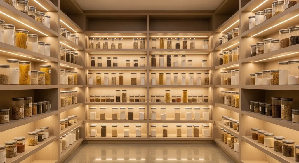 Pantry with symmetrical shelving layout creating a balanced and polished appearance