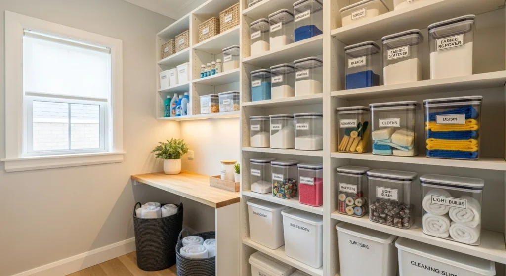 aundry room pantry with labeled containers for easy identification and organization